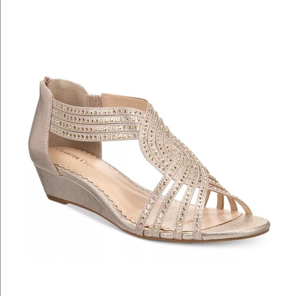 Charter Club Ginifur Rhinestone Wedge Sandals in Rose Gold Size 10.5 M